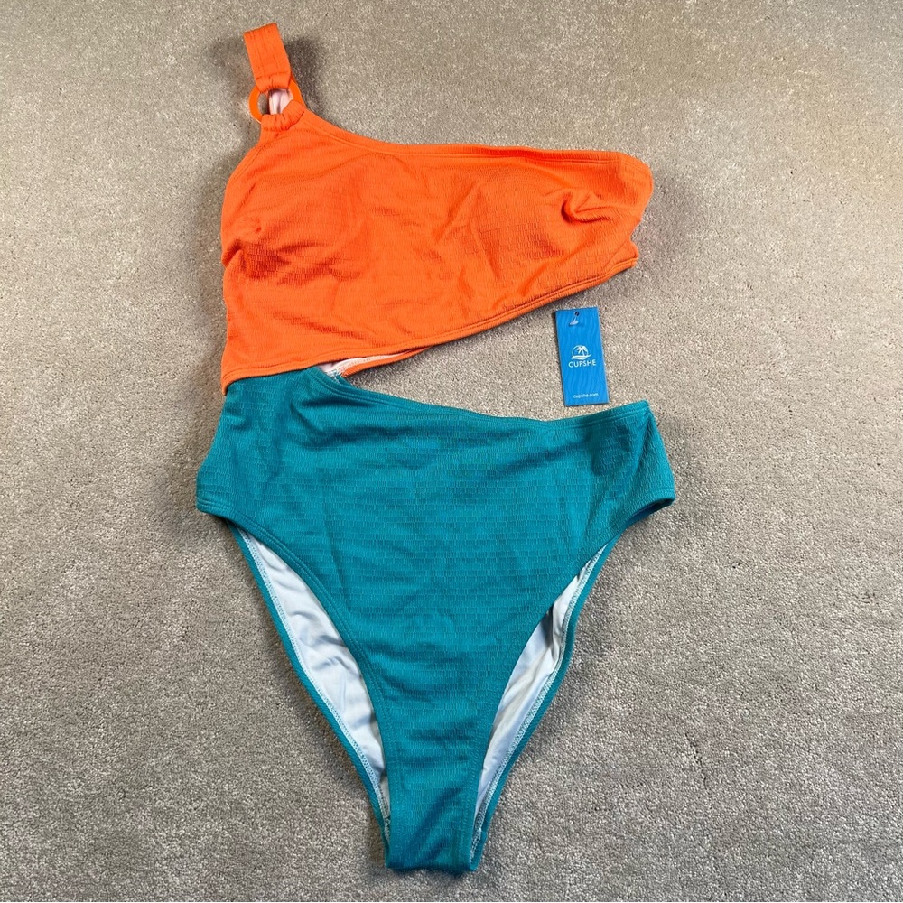 CUPSHE One Piece One Shoulder‎ Open Side Orange Teal Textured NWT Women's Large